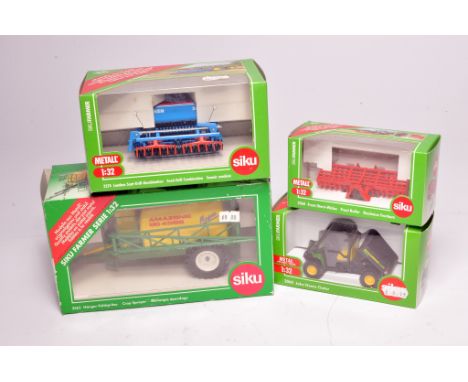 Group of Siku 1/32 farm implements comprising Crop Sprayer, Front Roller, John Deere Gator and Combination Seed-Drill. All ex