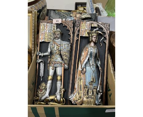 Three Alpha Studios ceramic wall plaques depicting John of Gaunt, his wife Constance and the battle of San Romano.