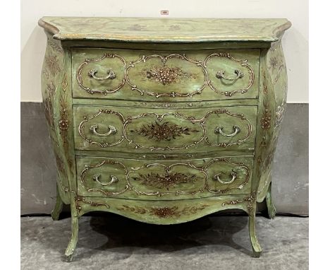 A 19th Century Venetian lacquer bombe commode of three drawers, gilded and decorated in the rococo manner with figures and fo