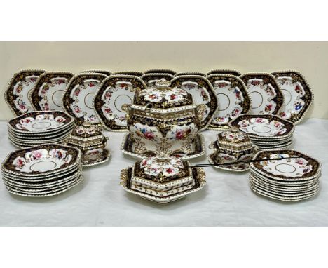 A Ridgway part dinner service, painted with polychrome sprays of summer flowers and bands of gilding on a cobalt ground. Patt