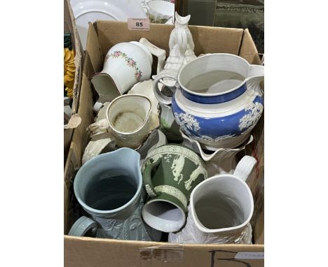A box of 19th Century and later ceramic jugs.