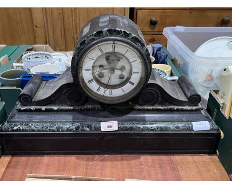 A late 19th Century French slate and marble cased mantle clock, the two piece enamel dial with Brocot escapement and Breguet 