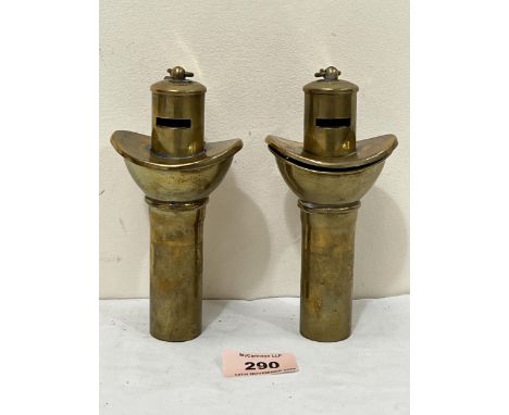 A pair of WW2 era brass marine voice tube pipe whistles. 5½" high.