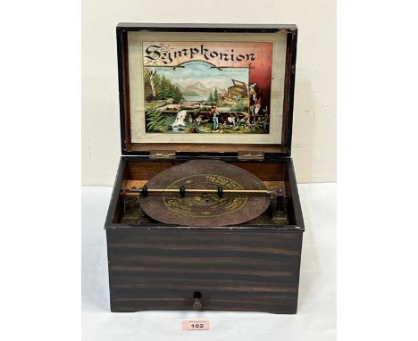 A 19th Century faux rosewood disc music box, by the Symphonion Musikwerke, Leipzig, c.1900, playing 7½" discs. The lot to inc