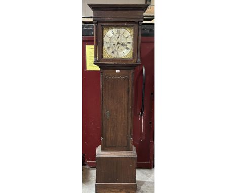 A late 18th Century oak 8 day longcase clock, the 11" dial with silvered chapter signed Alkinson, Douglas. 79" long.