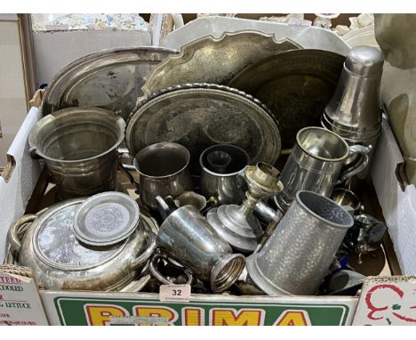 A box of platedware and a Brexton picnic case.