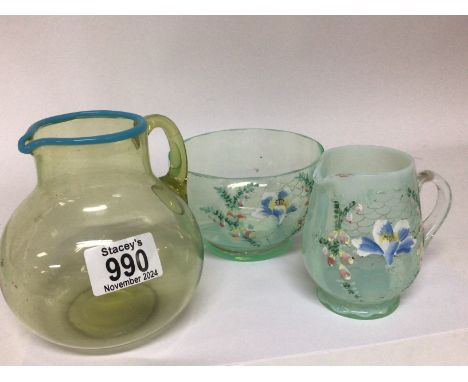 A late Victorian enamel decorated glass bowl and jug and one other jug. (3)