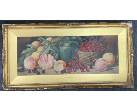 Giovanni BARBARO (1864-1915), Gilt framed Still life watercolour with cherries and oranges. 98cm x 51cm. NO RESERVE