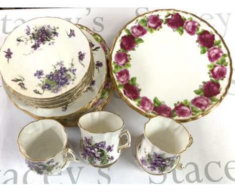 A Royal Albert Old English Rose pattern cake stand and serving plates together with a Hammersley 6 setting Victorian Violets 