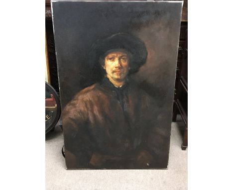 An unframed oil on canvas, Rembrant self portrait dimensions 61x91cm. This lot cannot be posted. NO RESERVE
