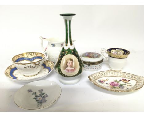A Quality green overlay and opaque enamel decorated Victorian glass scent bottle height 19cm and a collection of 19th century