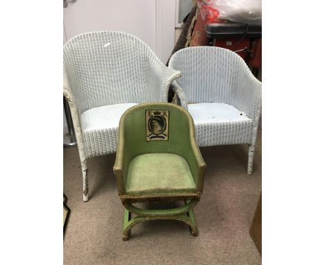 Two white  Lloyd Loom chair and a conforming green childs chair (3)