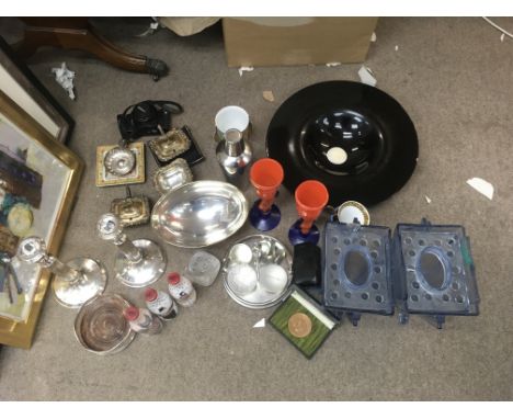 A Collection of assorted items including art glass vases, plated candlesticks, collectable designer coke bottles, blue glass 