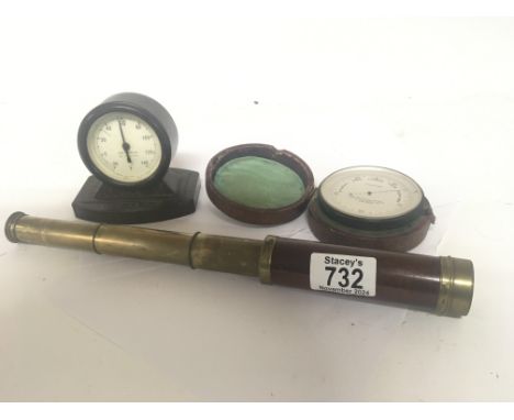 A 19th century three drawer brass and oxidised brass telescope maker Dolland of London a pocket barometer maker W Dixey New B