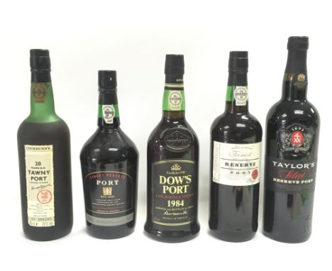 Five bottles of port including 20 years old Tawny Port, Dows Port Late bottled vintage 1984, Taylors Select reserve port. Thi