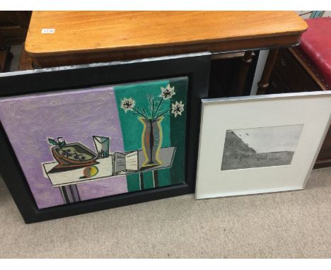 A framed modern art still life oil painting and an interesting framed Beatles fans on a beach Ringo Paul print dimensions 75x