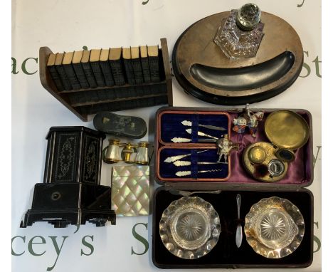 A pair of antique opera glasses, Manicure set, Cigar Box, inkwell, cased butter dishes etc. (D)
