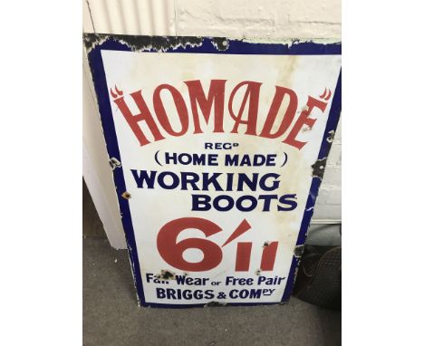 A vintage homade working boots enamel sign, Briggs & Compy. Dimensions 76x46cm. Postage category c