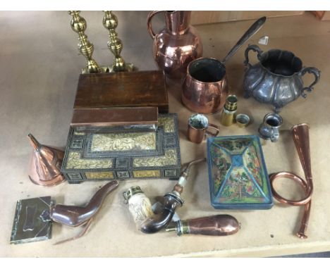 A Collection of copper tin boxes and pipes together with powder flask and brass snuff box .
