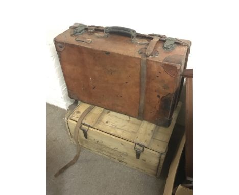 A Gordons london dry gin crate and a vintage leather suitcase. NO RESERVE