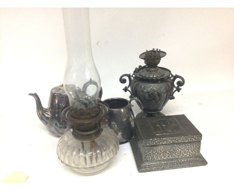 A late Victorian metal oil lamp base a hammered pewter box and other oddments and a silver plated cruite frame.
