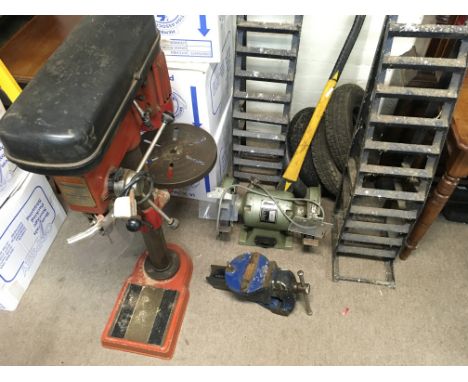 A collection of power tools and car ramp including drill press grinder etc.Postage D