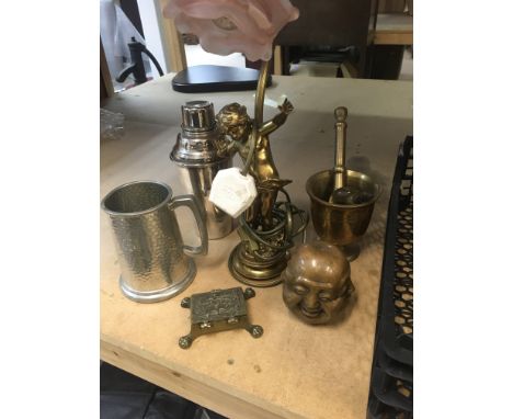 A brass cherub lamp and a Collection of metal ware various,