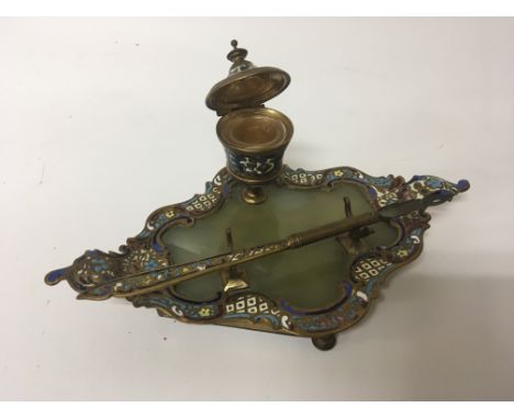 A Quality late Victorian enamel gilded metal and onyx pen tray with pen. 21cm
