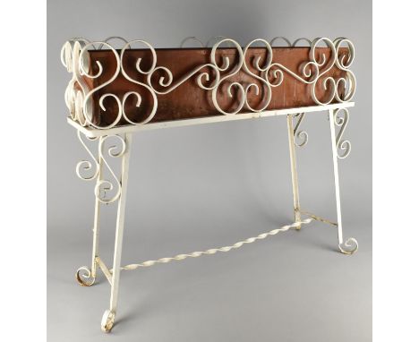 A White Painted Wrought Metal Planter of Rectangular Form with H Frame Stretcher, 74x20x64cm high
