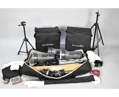 A Modern Collection of Photographic Studio Lighting to include Three Large Lights, Two Smaller Lights, Backdrop Stand, Wirele