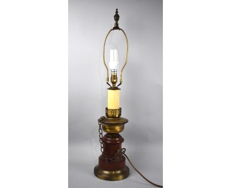 A Modern Brass and Wooden table Lamp in the Form of an Oil Lamp, Missing Shade, 74cms High