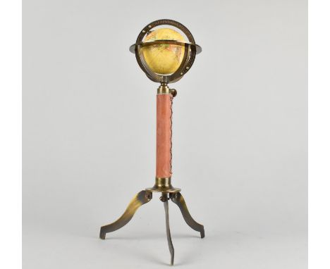A Reproduction Desktop French Style Globe as was Made by Gobille for Palais Royale, Leather Covered Support and Tripod Feet, 
