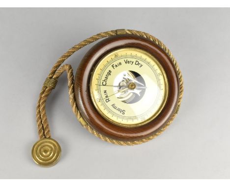 A Mid 20th Century Wall Hanging Circular Aneroid Barometer with Rope Suspension, 15cms Diameter