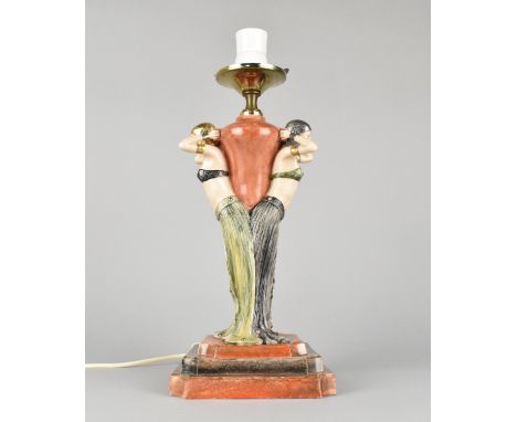 A Reproduction Art Deco Ceramic Figural Table Lamp, Missing Globe Shade, Square Stepped Base, 40cms Wide