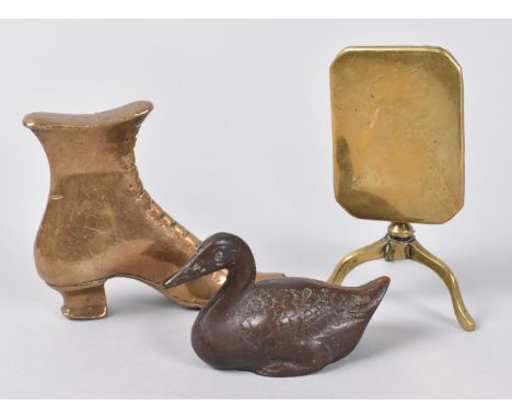 A Miniature Patinated Bronze Duck, a Brass Ladies Boot and a Miniature Model of a Snap Top Tripod Table