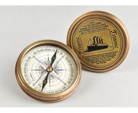 A Reproduction Circular Brass Pocket Compass, Screw off Lid Inscribed to Commemorate the Titanic, 7.5cms Diameter