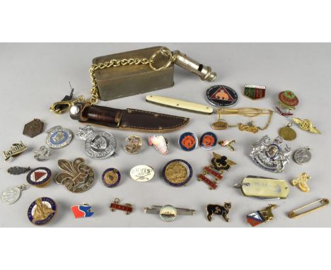 A Collection of Various Enamelled and Other Lapel Badges, Scouts Badge, Miniature Hunting Knife, Whistle Etc