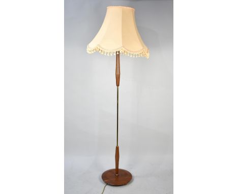 A 1970s Teak and Brass Standard Lamp, Complete with Shade