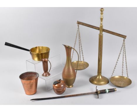 A Collection of Various Vintage Metalwares to include Pan Scales, Brass Saucepans, Copperwares Etc