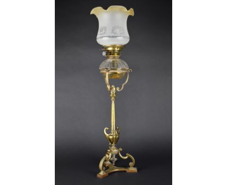 A Late 19th Century Hinks &amp; Sons Brass Duplex Oil Lamp with Glass Reservoir on Slender Brass Support with Classical Scrol