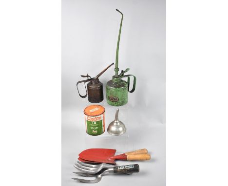 A Collection of Various Vintage Oil Cans, Castrol Grease Tin, Wine Funnel and Garden tools