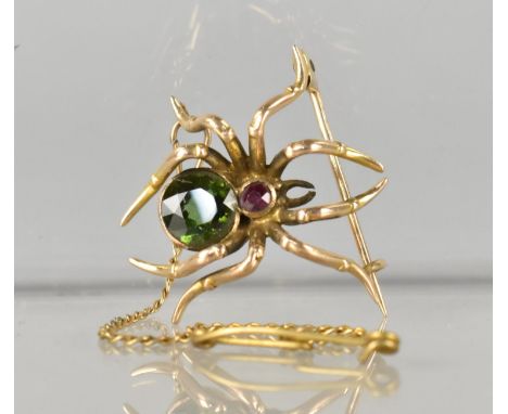 A Well made Victorian or Edwardian Brooch in the form of a Spider with Ruby and Peridot Stones, Tests as Gold but Unstamped