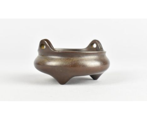 A Small Bronze Chinese Two Handled Censer with Seal Mark to Base, 6cms Diameter