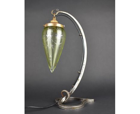 A Vintage Wrought Steel and Brass Table Lamp with Heart Shaped Stand, Designed by Benson, Tapering Etched and Ribbed Glass Sh