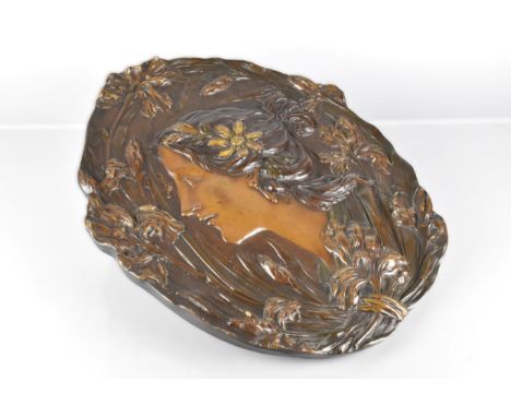 An Ernst Wahliss Art Nouveau Relief Plaque Modelled with Side Portrait of Maiden Amongst Foliate Border, Impressed to Back 'M