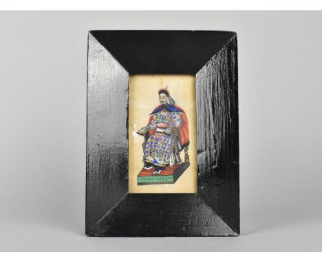 A Framed Chinese Painting on Silk, Miniature Portrait of Seated Emperor, 11cms by 30cms