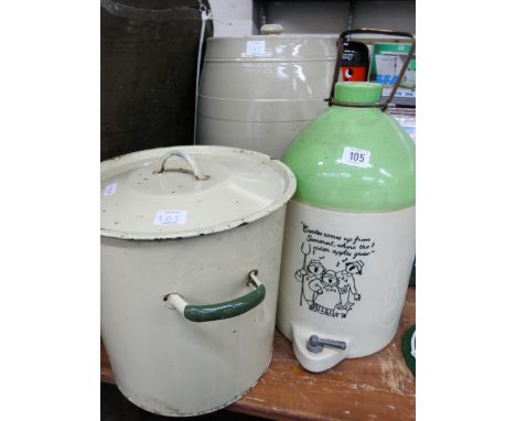 A ceramic barrel with brass tap, ceramic cider jug with tap and a galvanized pot with lid 