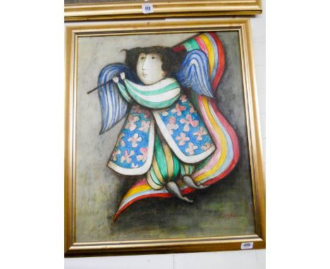 Oil painting of a fairy playing a flute signed signed J Roybol 