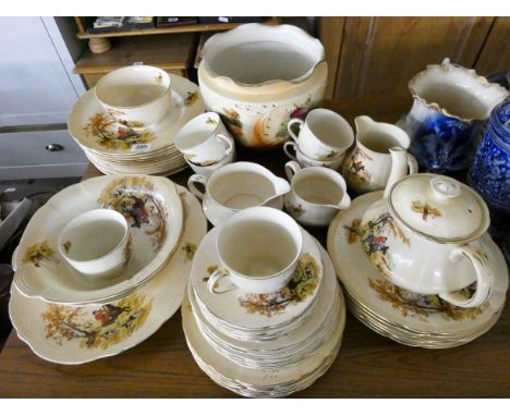 Hunting scene decorated dinner and tea set, Victorian style jardiniere etc 