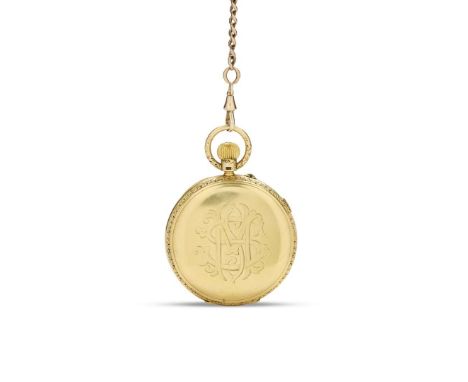  Thomas Russell & Son. A fine 18k gold hunting cased pocket watch with centre seconds and 9k gold chain, Tempus Fugit, No.203